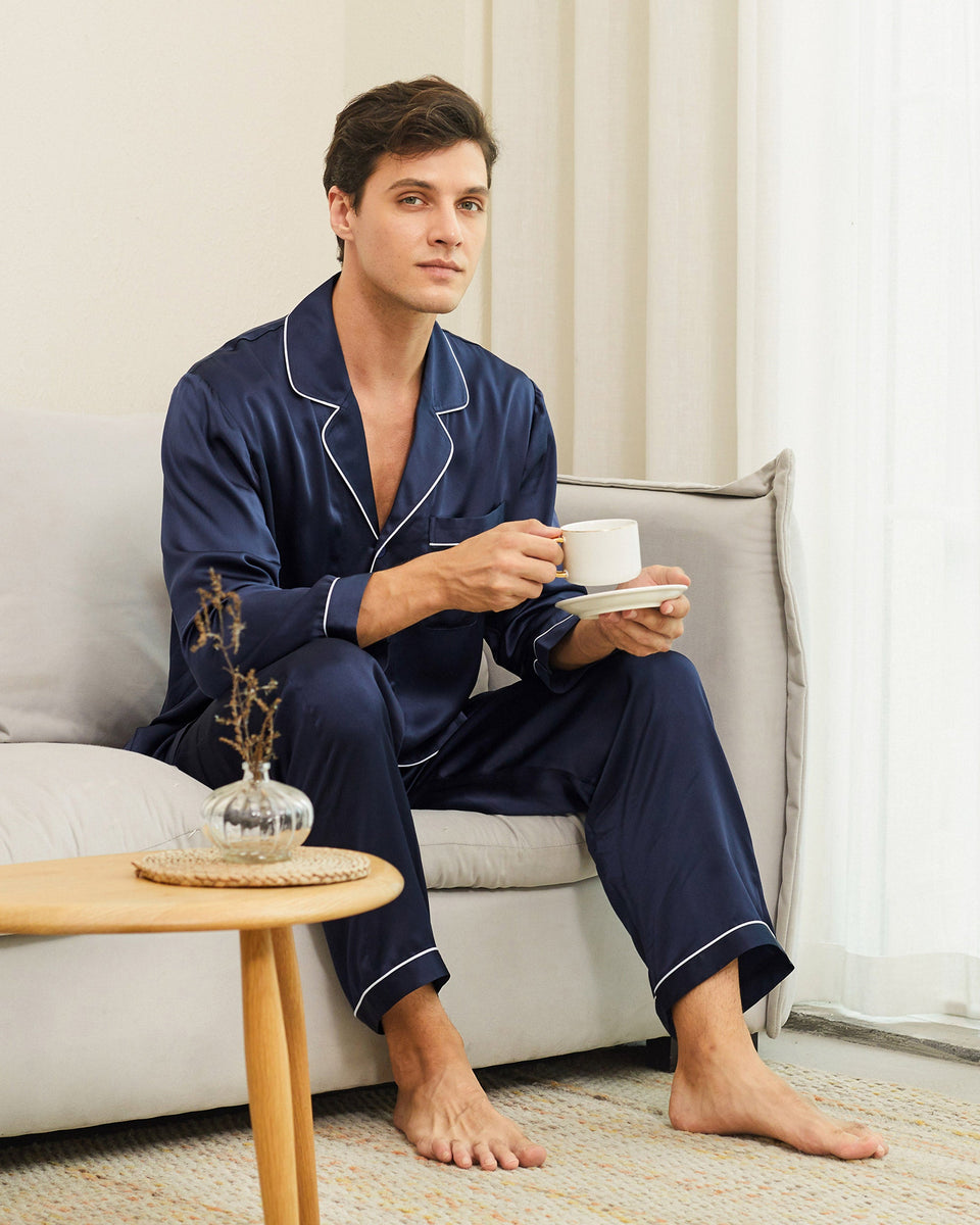 100% Pure Charmeuse Silk Unisex Silk Pajamas Set/silk Sleepwear/nightie Silk  Set/comfy Woman Nightie/luxury Sleepwear/long Navy Silk Pajamas 